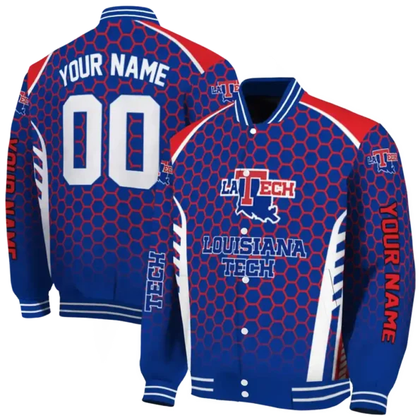 customized la tech hexagon grid blue varsity jacket fashion forward.webp