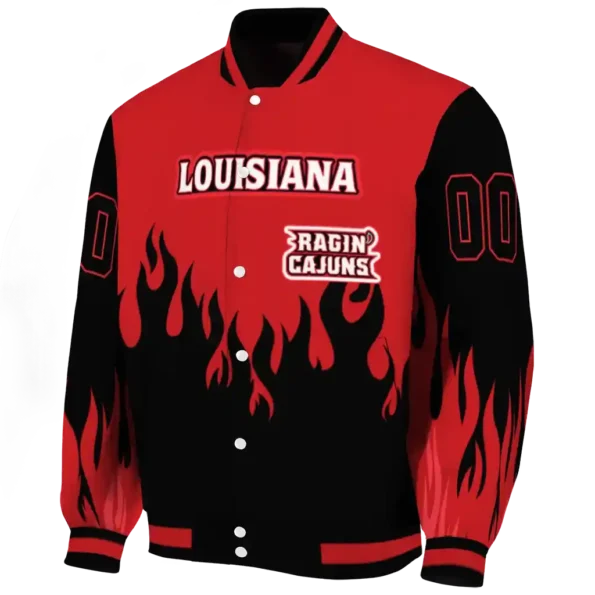 customized louisiana ragin cajuns flame border red black varsity jacket best selling.webp