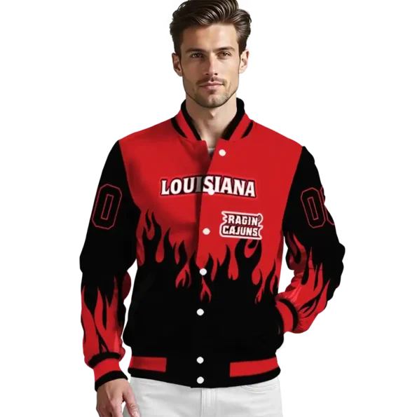 customized louisiana ragin cajuns flame border red black varsity jacket high quality.webp
