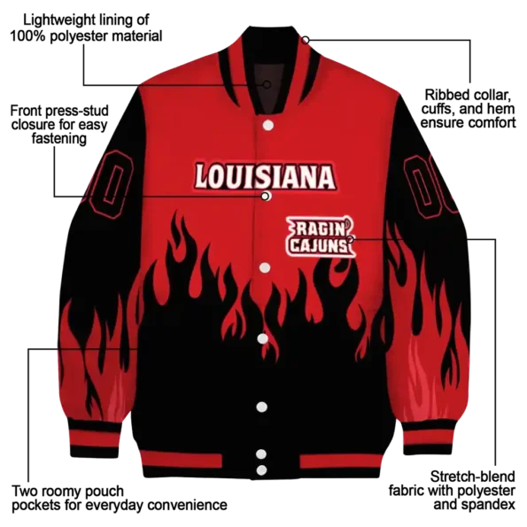 customized louisiana ragin cajuns flame border red black varsity jacket new arrival.webp