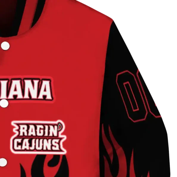 customized louisiana ragin cajuns flame border red black varsity jacket premium grade.webp