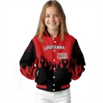 customized louisiana ragin cajuns flame border red black varsity jacket best selling.webp