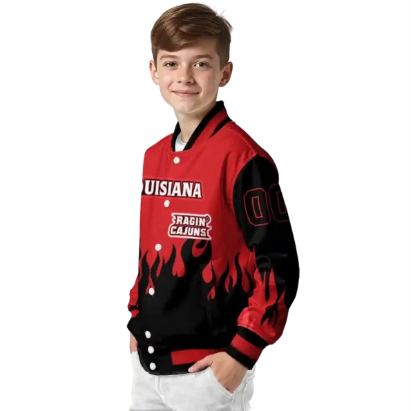 customized louisiana ragin cajuns flame border red black varsity jacket trendy.webp