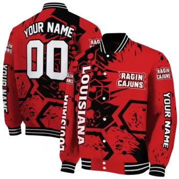 customized louisiana ragin cajuns hexagon cluster red black varsity jacket fashion forward.webp