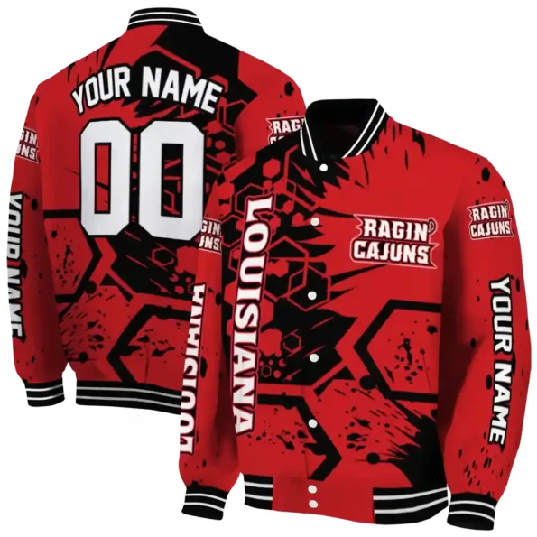 customized louisiana ragin cajuns hexagon cluster red black varsity jacket fashion forward.webp