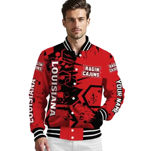 customized louisiana ragin cajuns hexagon cluster red black varsity jacket high quality.webp