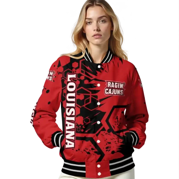 customized louisiana ragin cajuns hexagon cluster red black varsity jacket latest model.webp