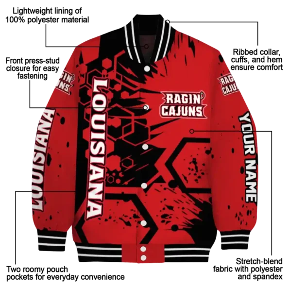 customized louisiana ragin cajuns hexagon cluster red black varsity jacket new arrival.webp