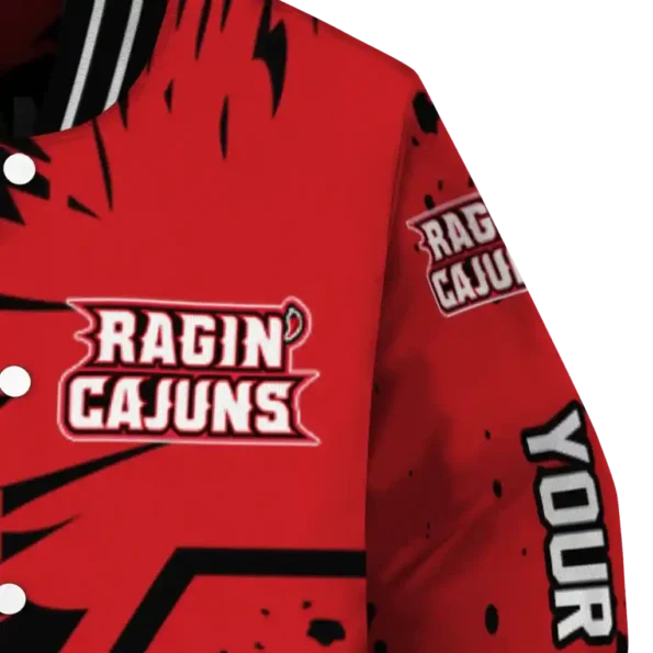 customized louisiana ragin cajuns hexagon cluster red black varsity jacket premium grade.webp