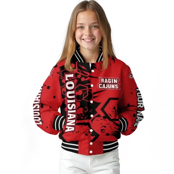 customized louisiana ragin cajuns hexagon cluster red black varsity jacket top rated.webp