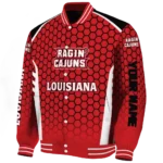 customized louisiana ragin cajuns hexagon grid red varsity jacket best selling.webp