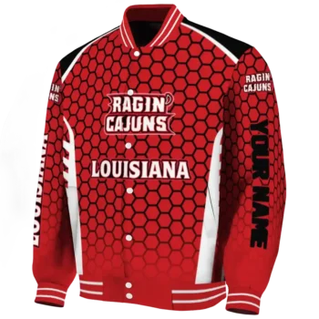 customized louisiana ragin cajuns hexagon grid red varsity jacket best selling.webp