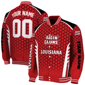customized louisiana ragin cajuns hexagon grid red varsity jacket fashion forward.webp
