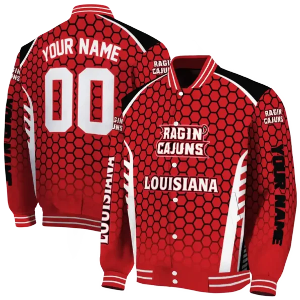 customized louisiana ragin cajuns hexagon grid red varsity jacket fashion forward.webp