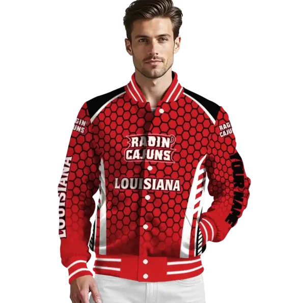 customized louisiana ragin cajuns hexagon grid red varsity jacket high quality.webp