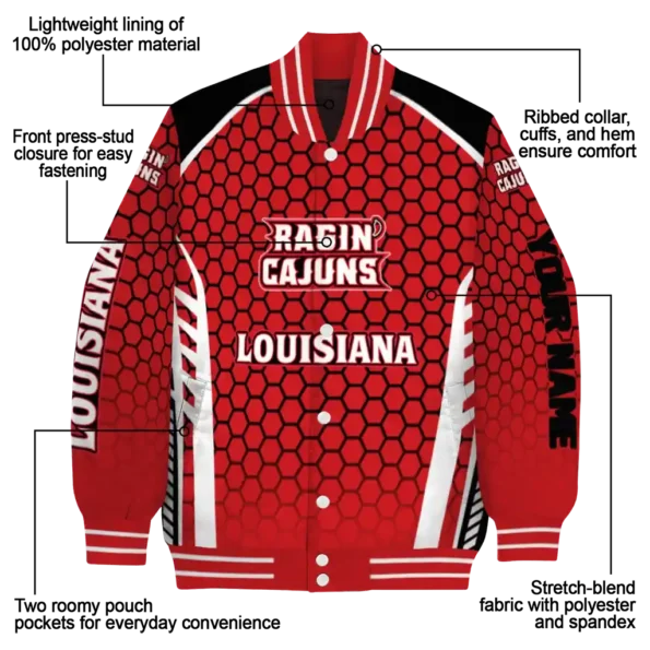 customized louisiana ragin cajuns hexagon grid red varsity jacket new arrival.webp
