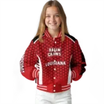 customized louisiana ragin cajuns hexagon grid red varsity jacket best selling.webp