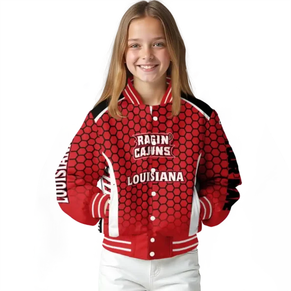 customized louisiana ragin cajuns hexagon grid red varsity jacket top rated.webp