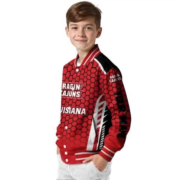 customized louisiana ragin cajuns hexagon grid red varsity jacket trendy.webp
