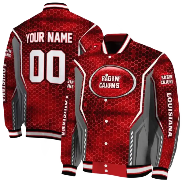 customized louisiana ragin cajuns power plate red varsity jacket fashion forward.webp