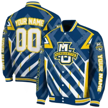 customized marquette golden eagles chevron angles blue varsity jacket fashion forward.webp