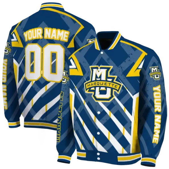 customized marquette golden eagles chevron angles blue varsity jacket fashion forward.webp