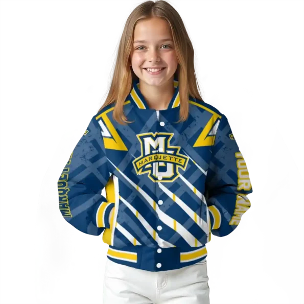 customized marquette golden eagles chevron angles blue varsity jacket top rated.webp