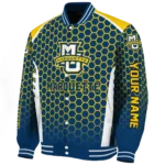 customized marquette golden eagles hexagon grid blue varsity jacket best selling.webp