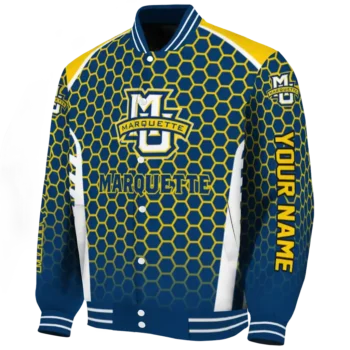 customized marquette golden eagles hexagon grid blue varsity jacket best selling.webp