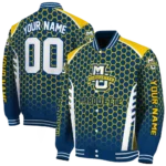 customized marquette golden eagles hexagon grid blue varsity jacket best selling.webp