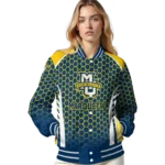 customized marquette golden eagles hexagon grid blue varsity jacket best selling.webp