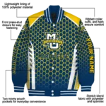 customized marquette golden eagles hexagon grid blue varsity jacket best selling.webp