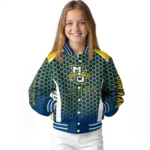 customized marquette golden eagles hexagon grid blue varsity jacket best selling.webp