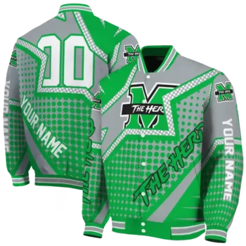 customized marshall thundering herd star burst green varsity jacket fashion forward.webp