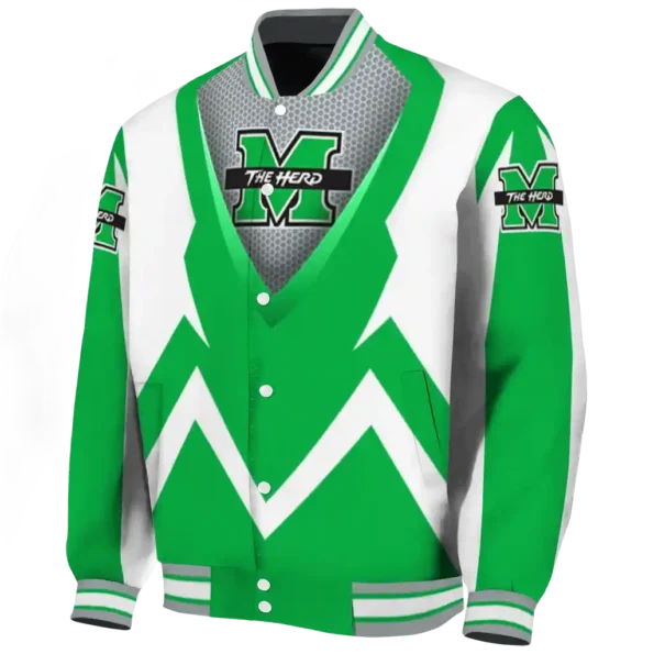 customized marshall thundering herd v stripes green white varsity jacket best selling
