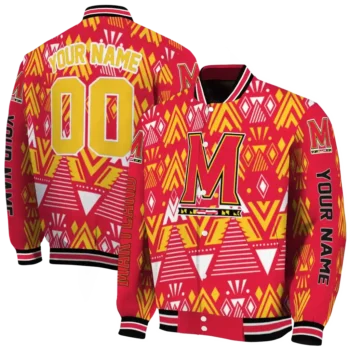 customized maryland terrapins pyramid shapes red varsity jacket fashion forward.webp