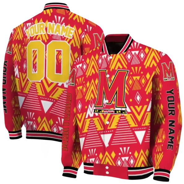 customized maryland terrapins pyramid shapes red varsity jacket fashion forward.webp
