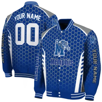 customized memphis tigers hexagon grid blue varsity jacket fashion forward.webp