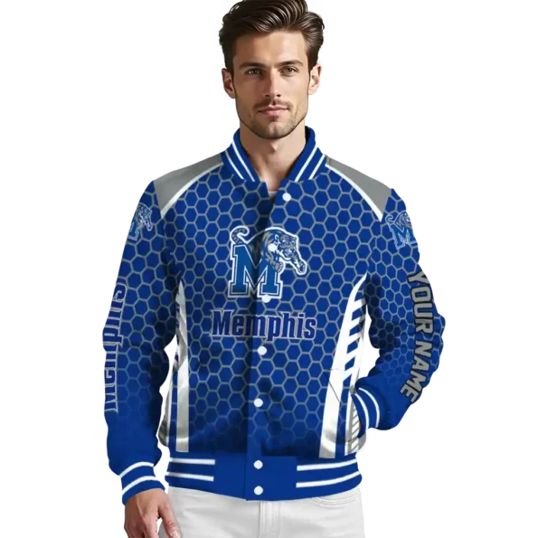 customized memphis tigers hexagon grid blue varsity jacket high quality.webp