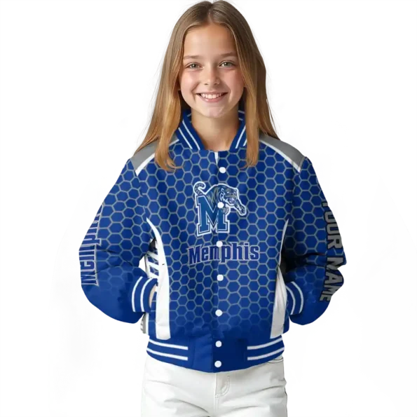 customized memphis tigers hexagon grid blue varsity jacket top rated.webp