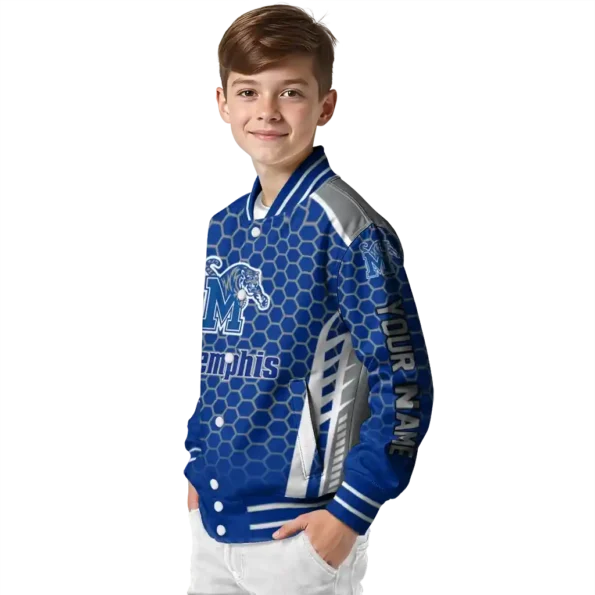 customized memphis tigers hexagon grid blue varsity jacket trendy.webp