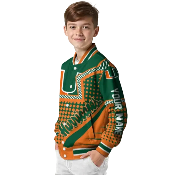 customized miami hurricanes star burst orange varsity jacket trendy.webp