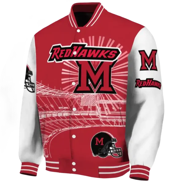customized miami redhawks ferris arena red white varsity jacket best selling