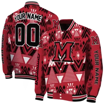 customized miami redhawks pyramid shapes red varsity jacket fashion forward.webp