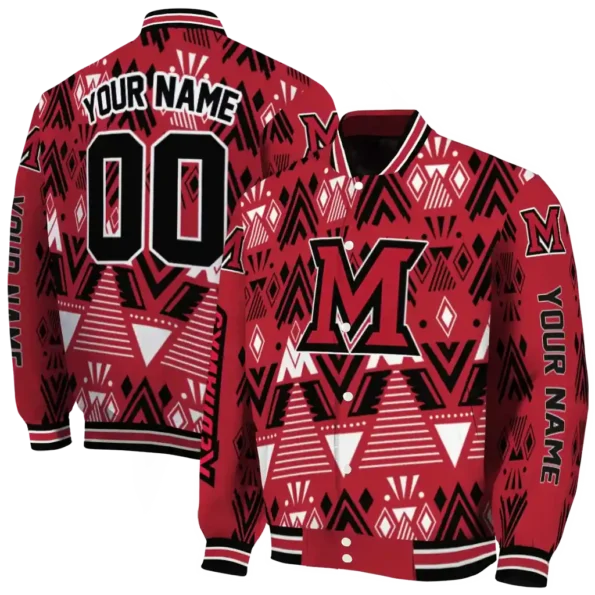customized miami redhawks pyramid shapes red varsity jacket fashion forward.webp