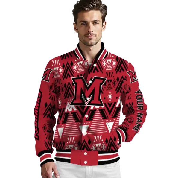 customized miami redhawks pyramid shapes red varsity jacket high quality.webp
