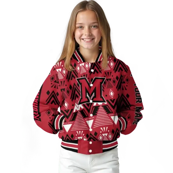 customized miami redhawks pyramid shapes red varsity jacket top rated.webp