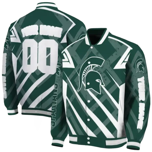 customized michigan state spartans chevron angles green varsity jacket fashion forward.webp