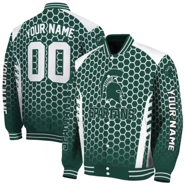 customized michigan state spartans hexagon grid green varsity jacket fashion forward.webp