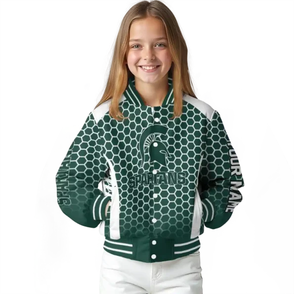 customized michigan state spartans hexagon grid green varsity jacket top rated.webp